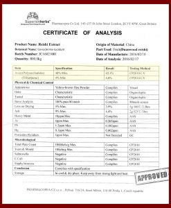 Certifikát analýzy extraktu Duanwood red reishi