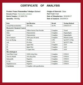 Certifikát analýzy extraktu z enoki