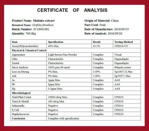 Certifikát analýzy exktraktu z maitake