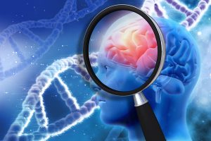 Ľudský mozog pod lupou a DNA vzorec pozadia